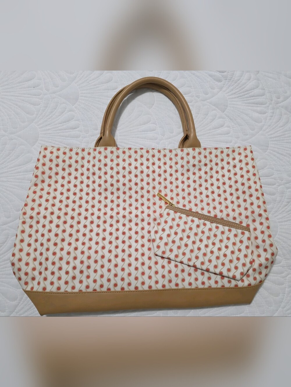 NWOT Estée Lauder Patterned Tote & Pouch Set Orange & Cream Travel Shopping